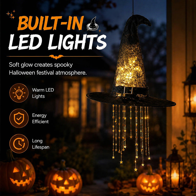 Lighted LED Witch Hat with Stars & Tassels
