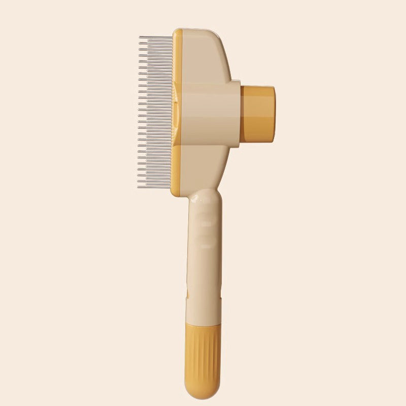 Self-cleaning pet grooming brush in beige with stainless steel teeth