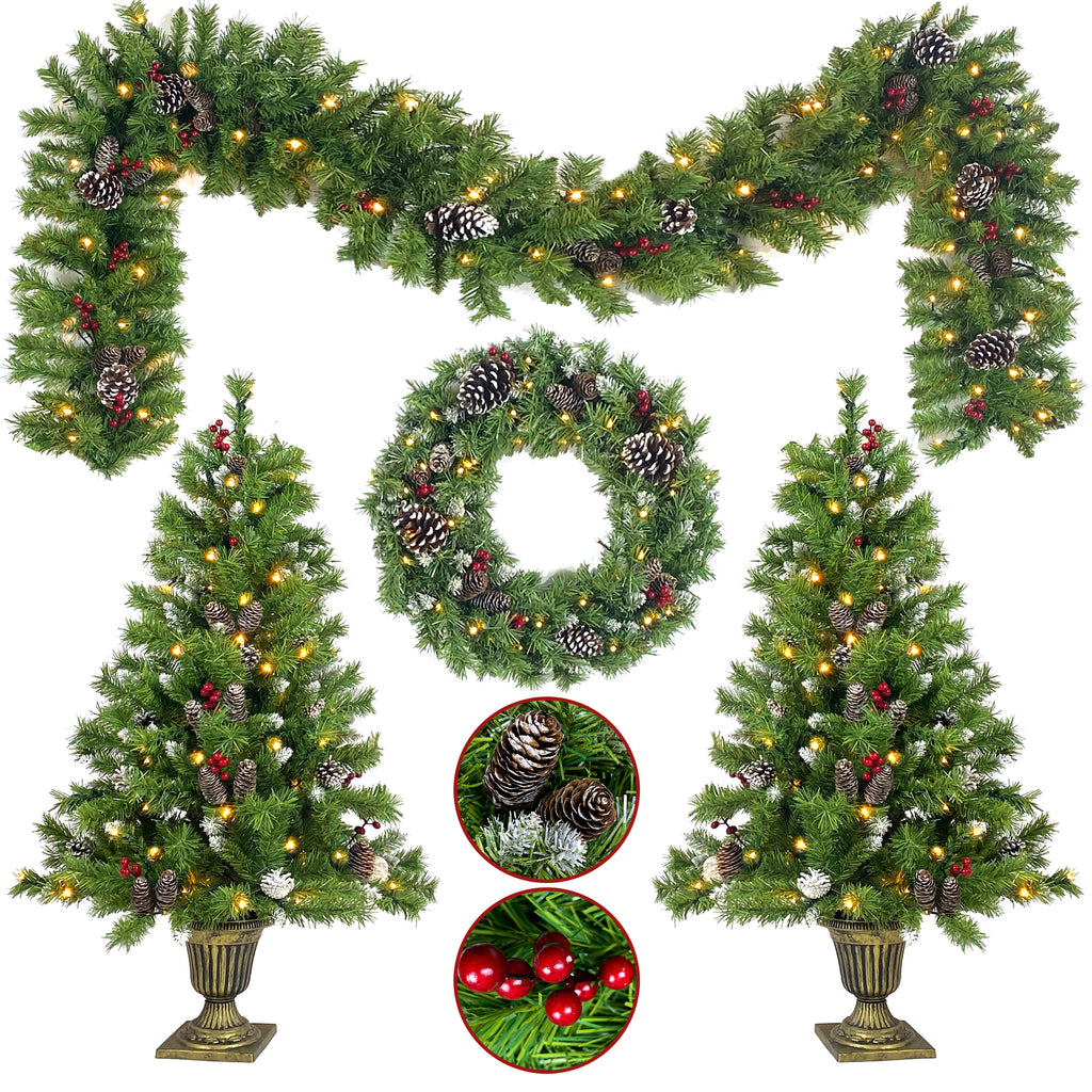 The full pre-lit set — garland, wreath and two entrance trees