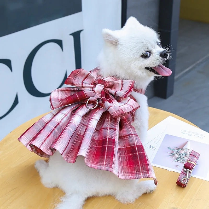 Plaid Bow Dog Dress Harness & Leash Set