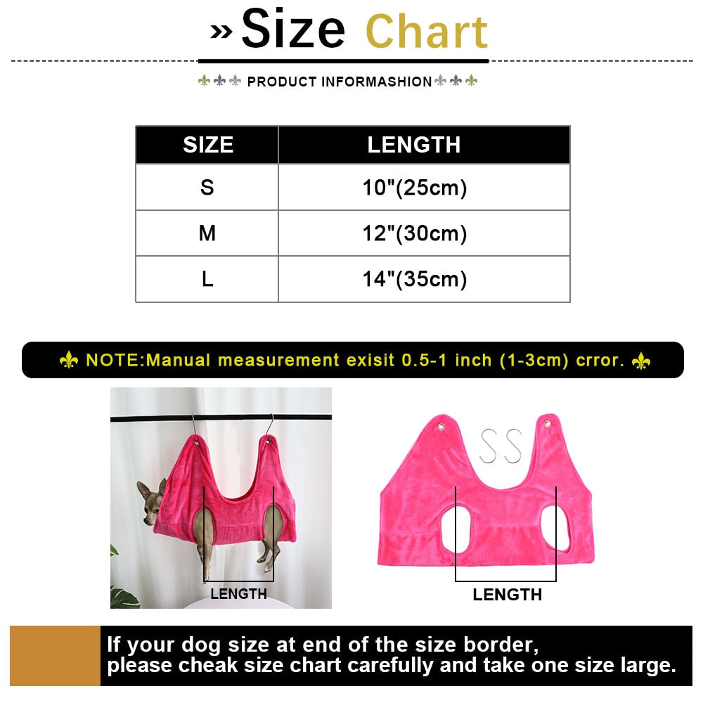 Pet grooming hammock size chart — S 25 cm, M 30 cm, L 35 cm