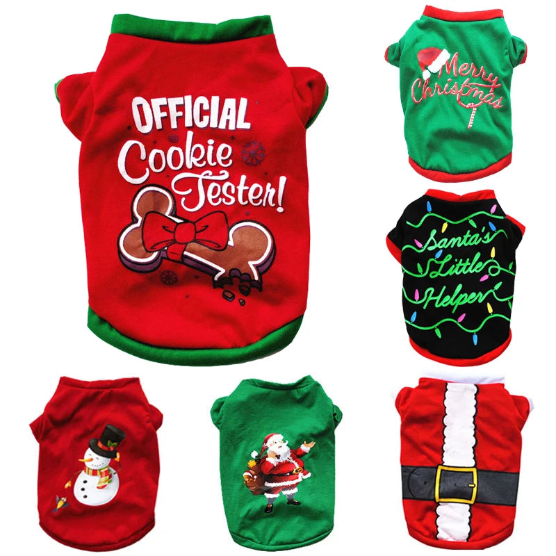 Christmas dog outfits in festive designs — holiday clothes flat lay