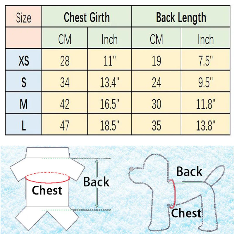 Christmas dog outfit size chart — XS to L chest and back length