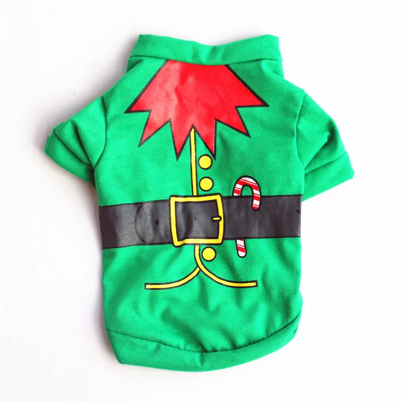 Green elf design Christmas dog outfit with belt and candy cane print