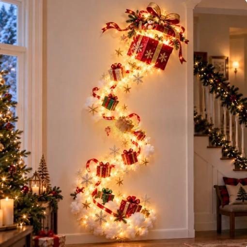 Gift box wall light with a swirling ribbon light trail