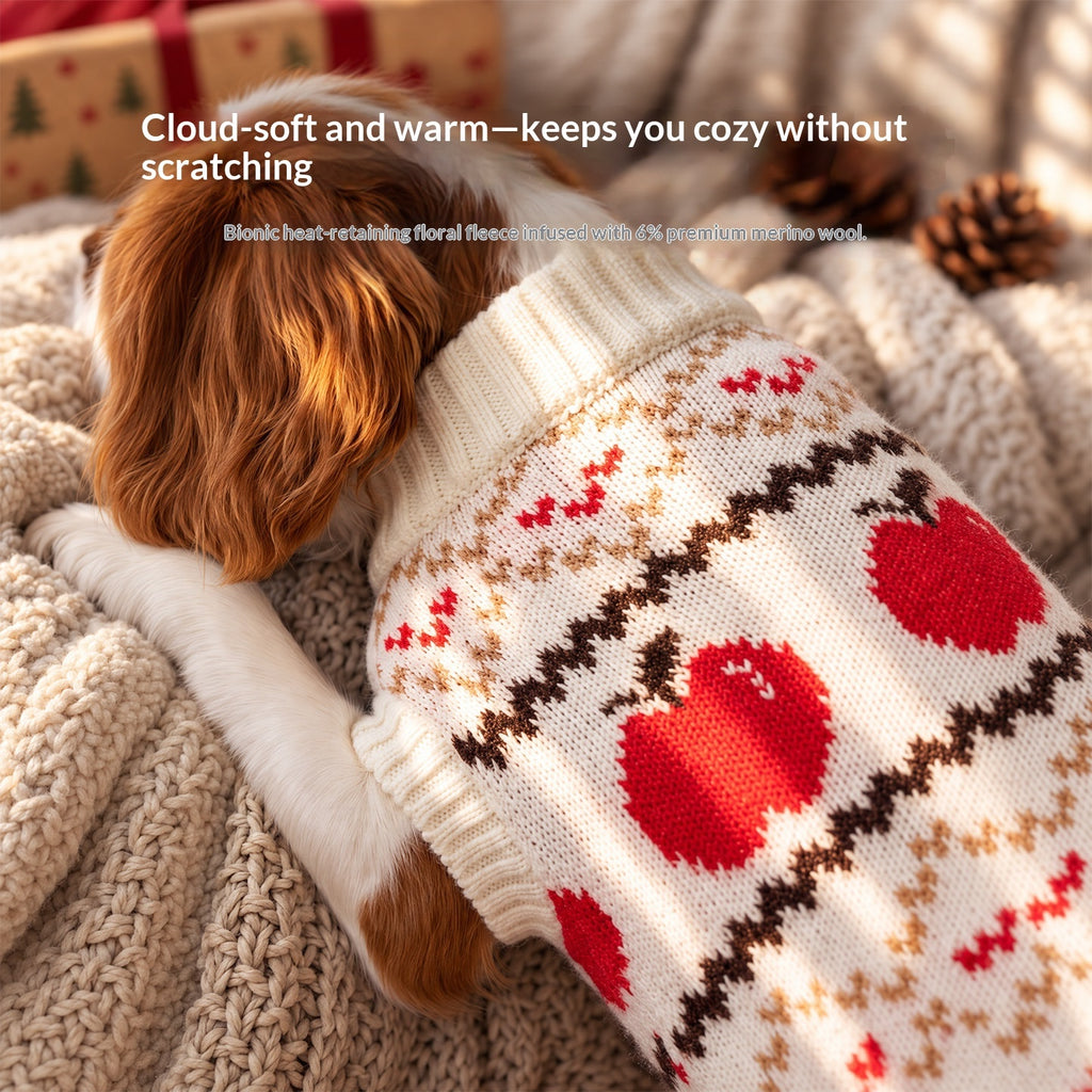 Dog wearing the white cable knit sweater with bear and apple pattern, close-up