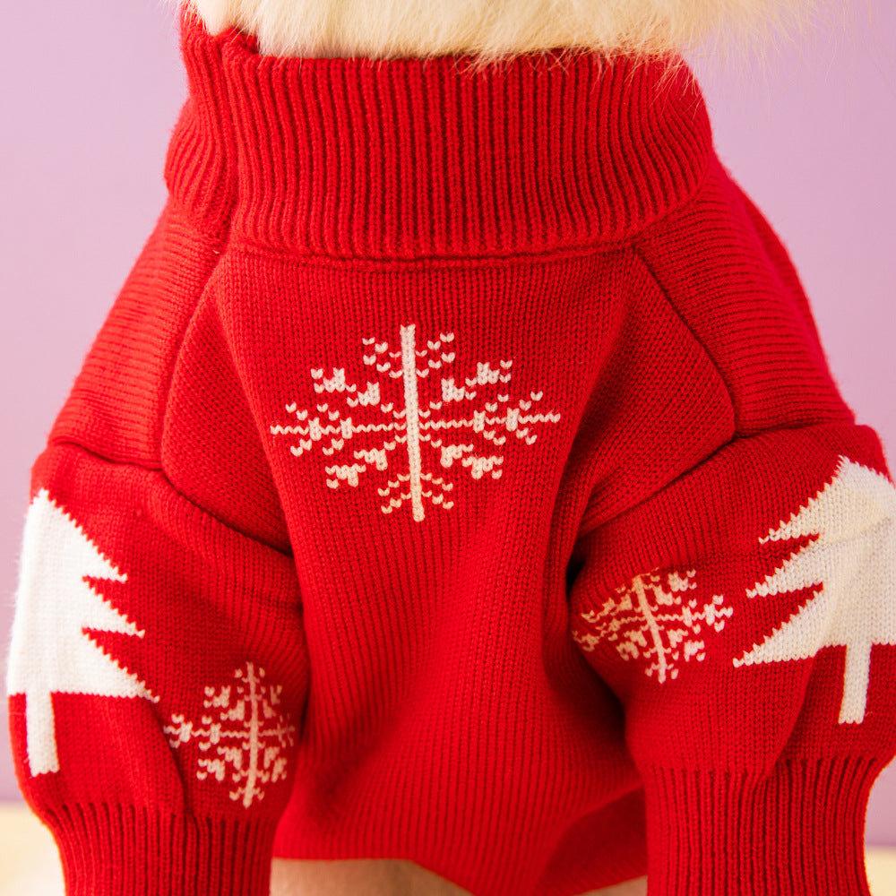 Close-up of the snowflake knit on the red Christmas dog sweater