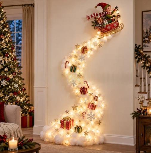 Santa sleigh wall light with gift boxes along the light trail