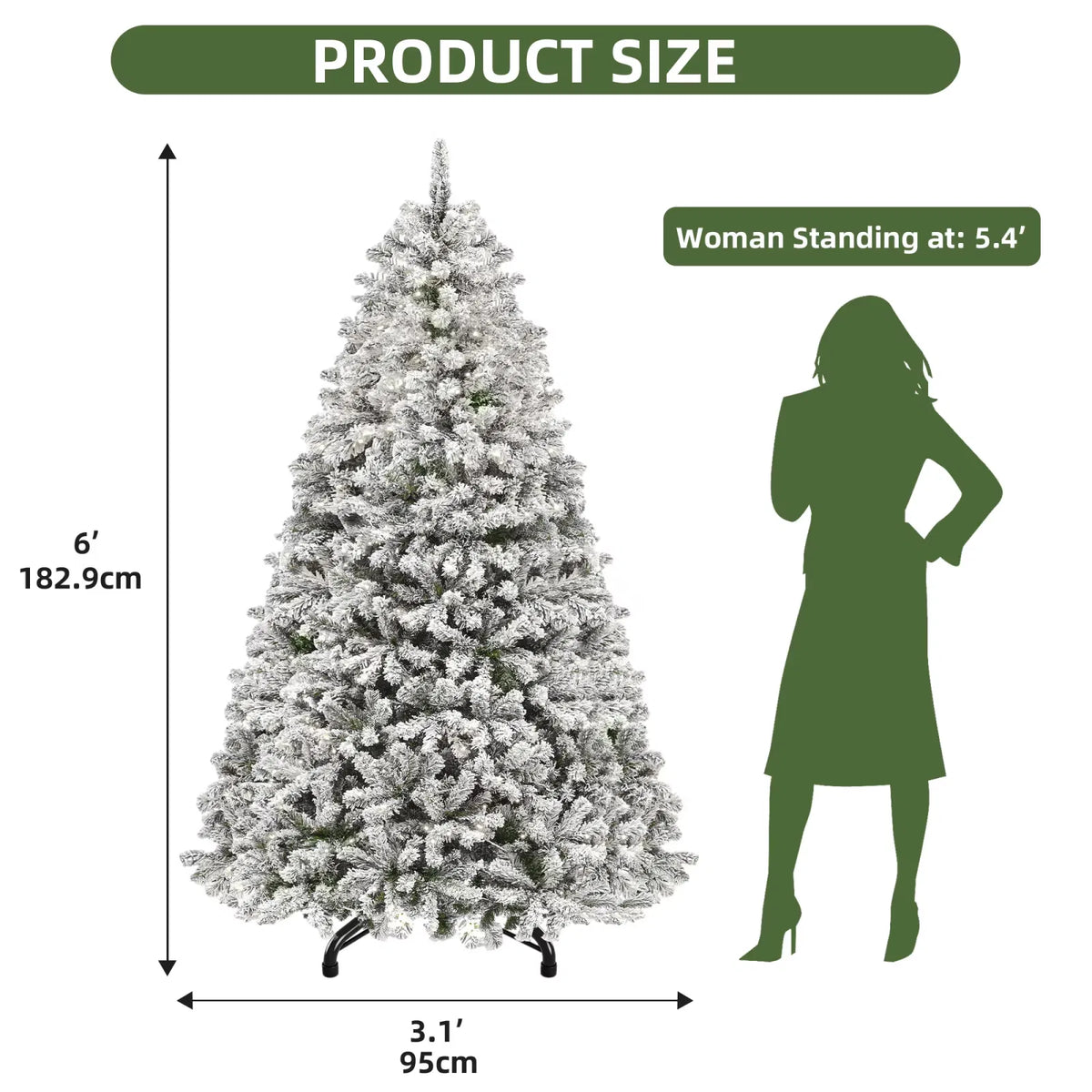 Pre-lit flocked tree size — 6 ft tall, 3.1 ft wide