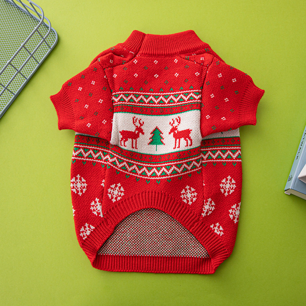 Red Christmas dog sweater underside and fit, flat lay