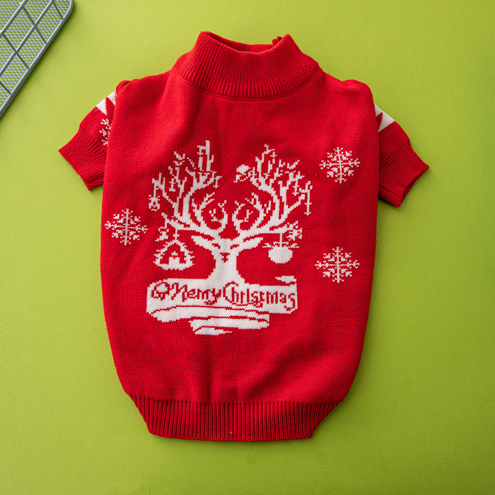Back of the red dog sweater with a white reindeer tree design