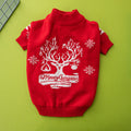 Back of the red dog sweater with a white reindeer tree design
