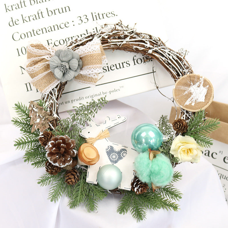 Wooden Christmas Garland Wreath Window Decoration – Red Berry Bowknot Holiday Decor, 30cm