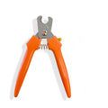 Dog nail clippers with spring-loaded orange handles, front view