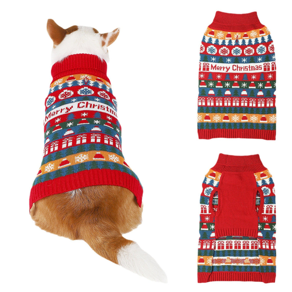 Dog wearing the Christmas turtleneck sweater from behind, with front and back flat views