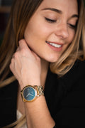 Woman wearing the Eiffel build-your-own mechanical watch by DealSpark