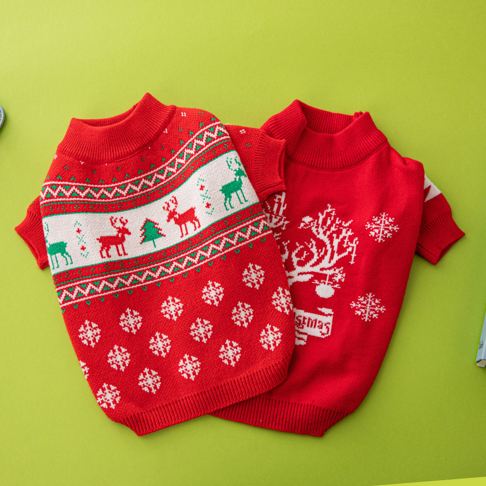 Red Christmas dog sweater front and back, flat lay