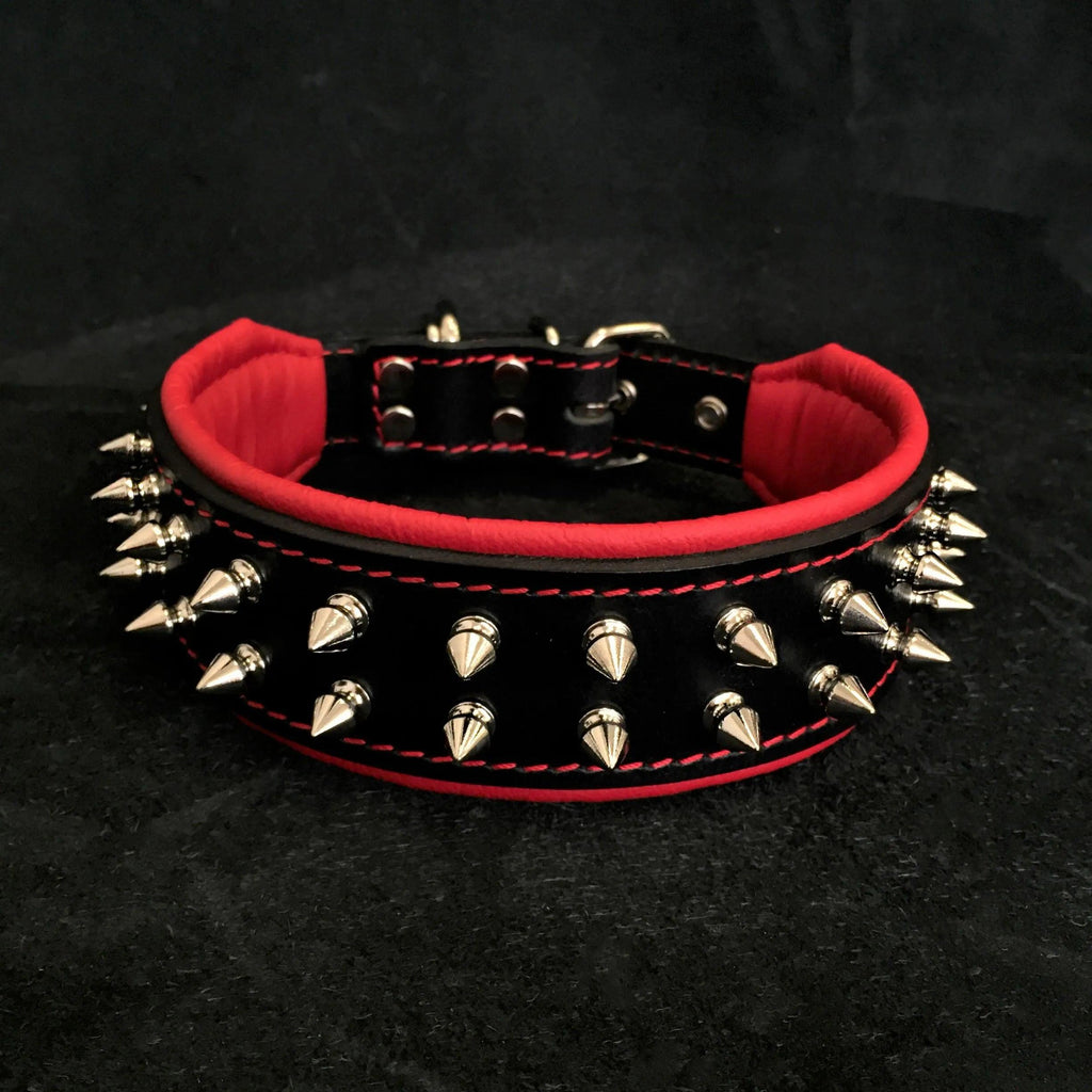 Bestia Frenchie spiked leather dog collar in red with soft padded lining