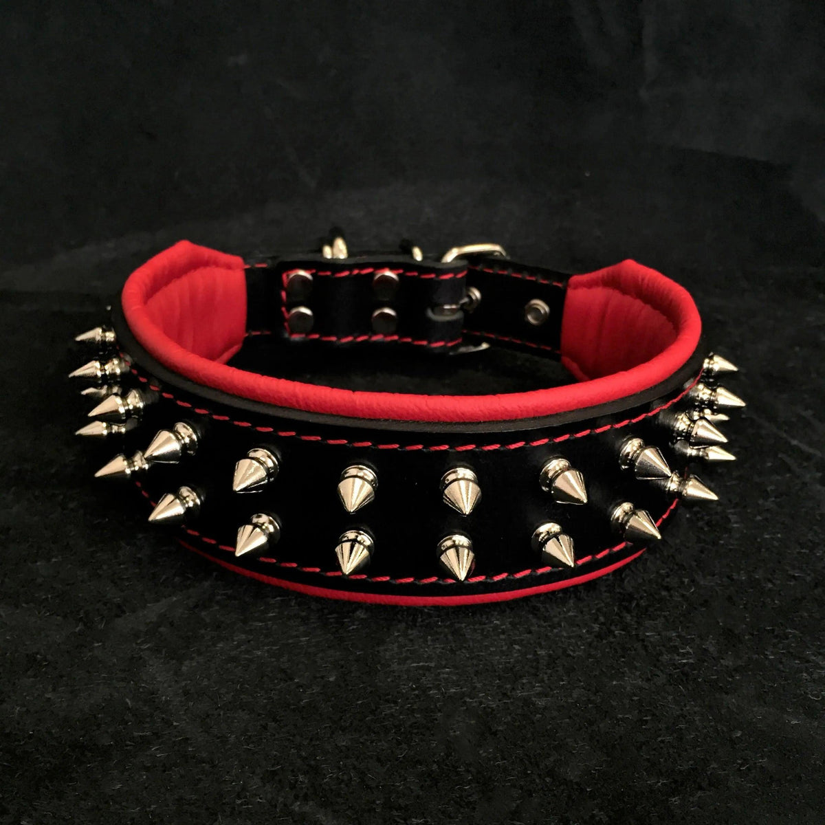 Bestia Frenchie spiked leather dog collar in red with soft padded lining