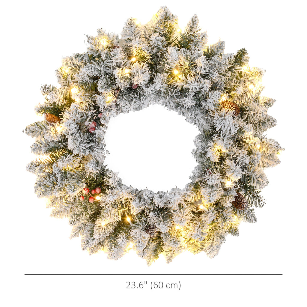 24" Christmas Front Door Wreath with Lights Flocked Christmas Wreath with Pine Cones and Berries for Windows Green