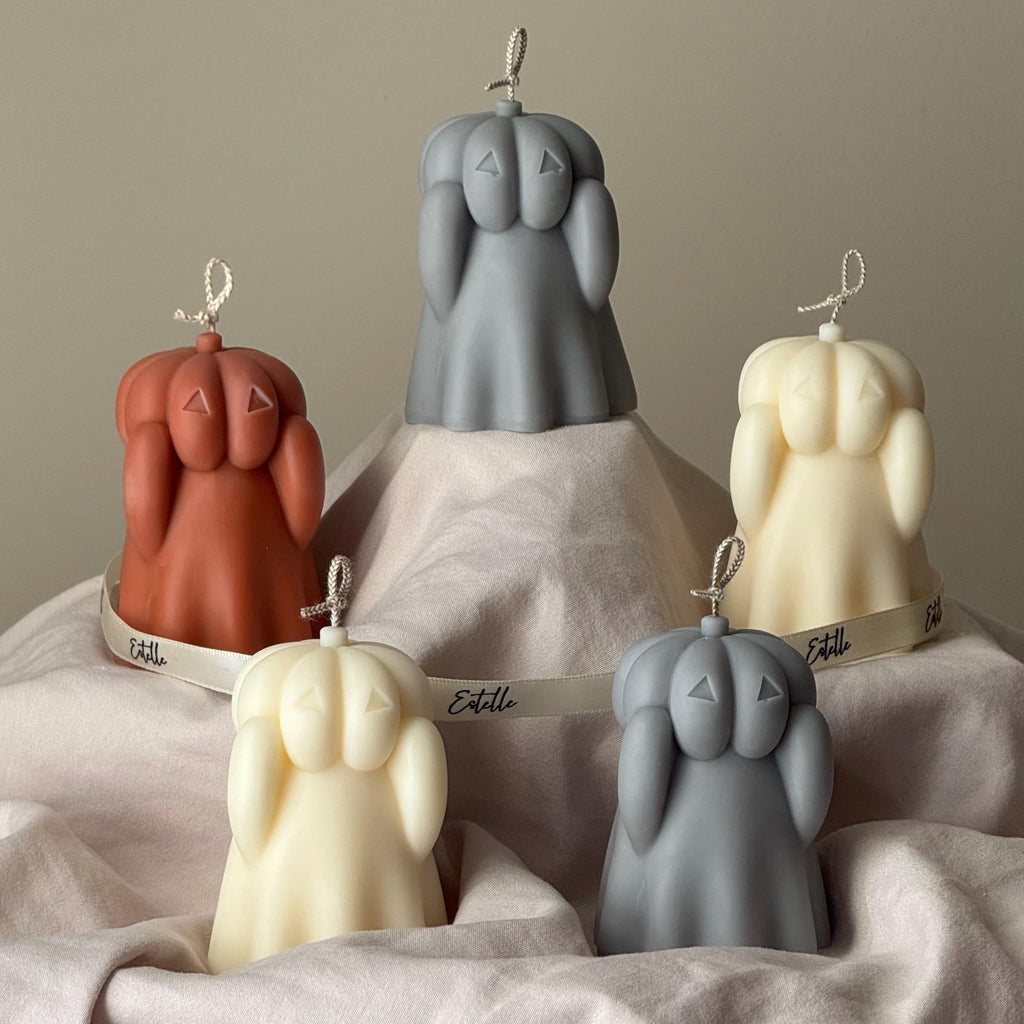 Handmade Spooky Pumpkin Face Ghost Candle: Halloween Soy Wax Decor