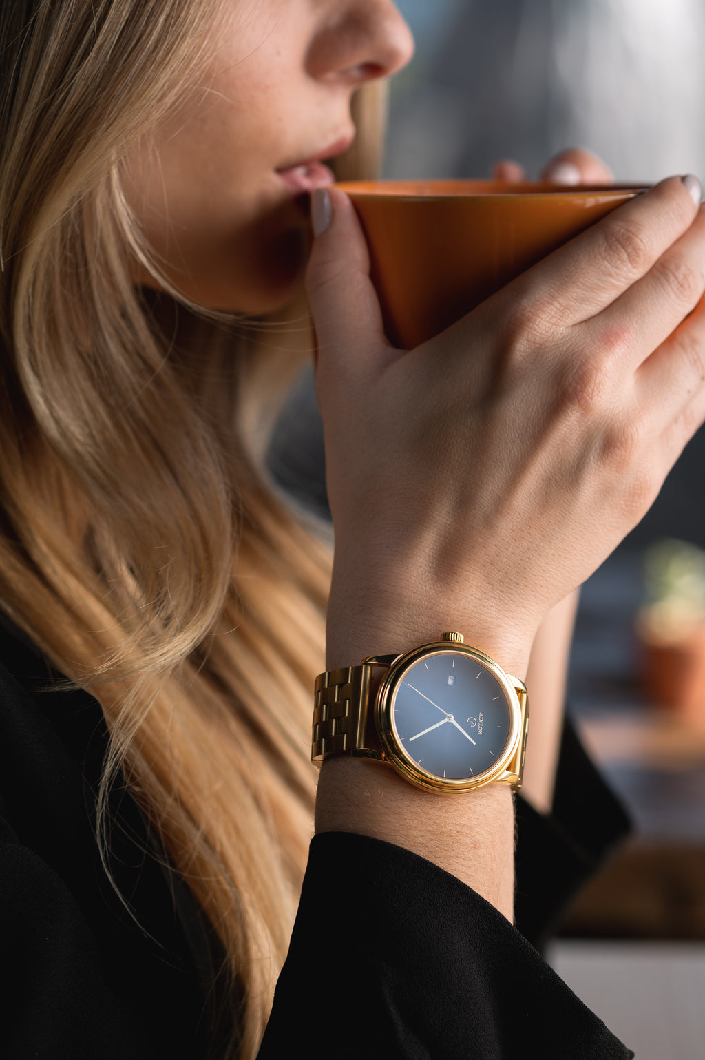 Close-up of the finished Eiffel watch on a wrist
