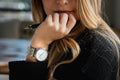 Woman wearing the finished Newton mechanical watch by DealSpark