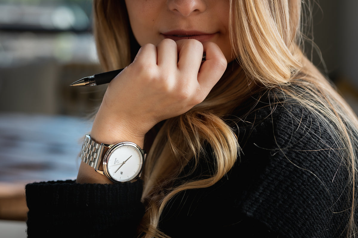 Woman wearing the finished Newton mechanical watch by DealSpark