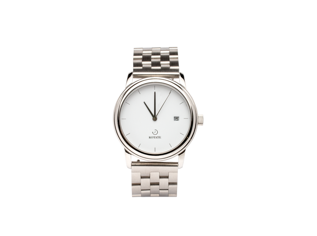 Finished Newton mechanical watch with silver strap and white dial