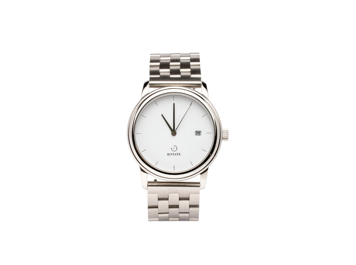 Finished Newton mechanical watch with silver strap and white dial