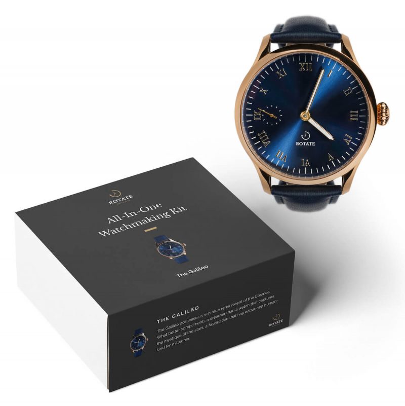 Galileo watchmaking kit box with the finished watch