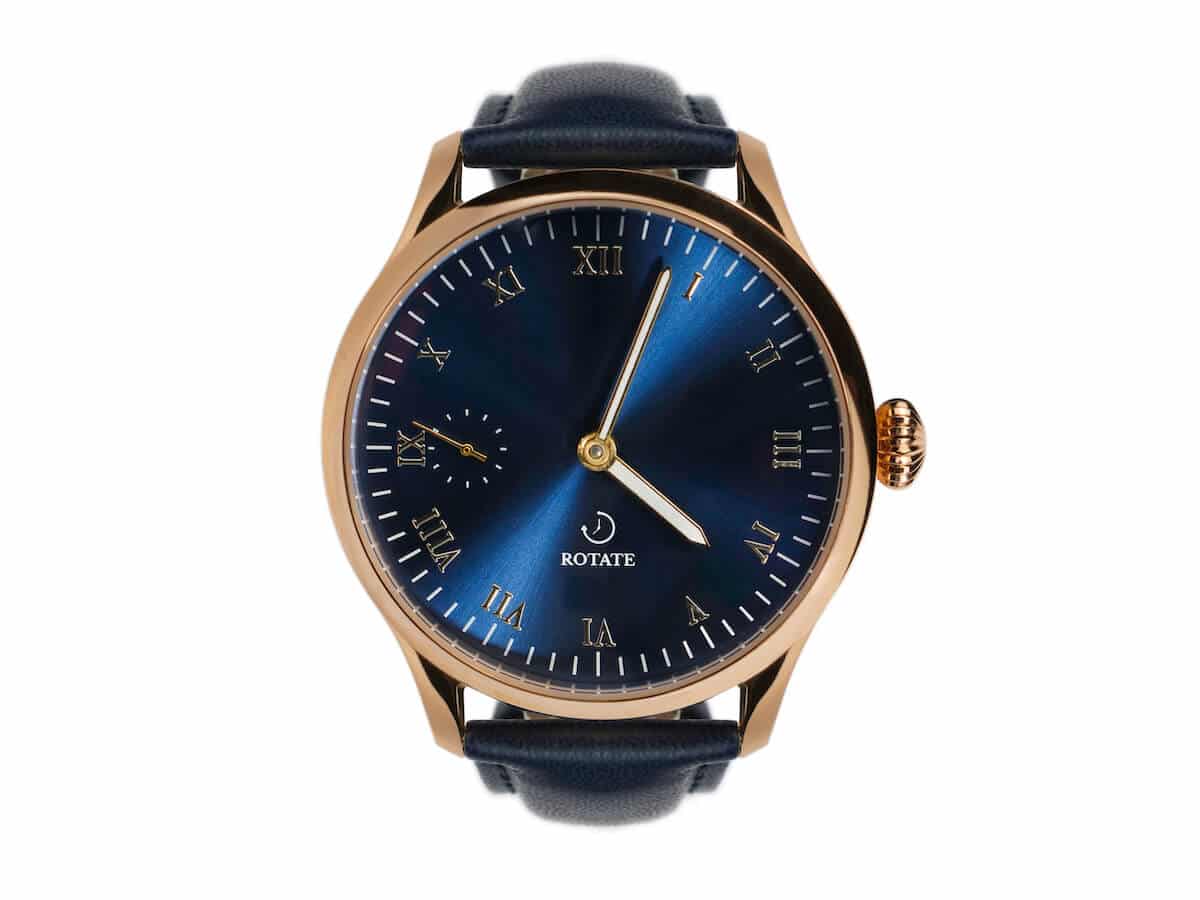 Galileo mechanical watch front view — blue dial, gold case