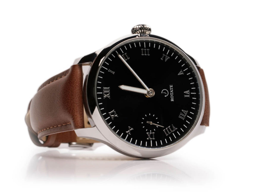 Finished Wright mechanical watch with black dial and brown leather strap by DealSpark