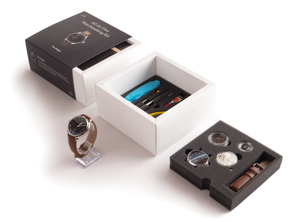 Wright watchmaking kit box with parts and tools