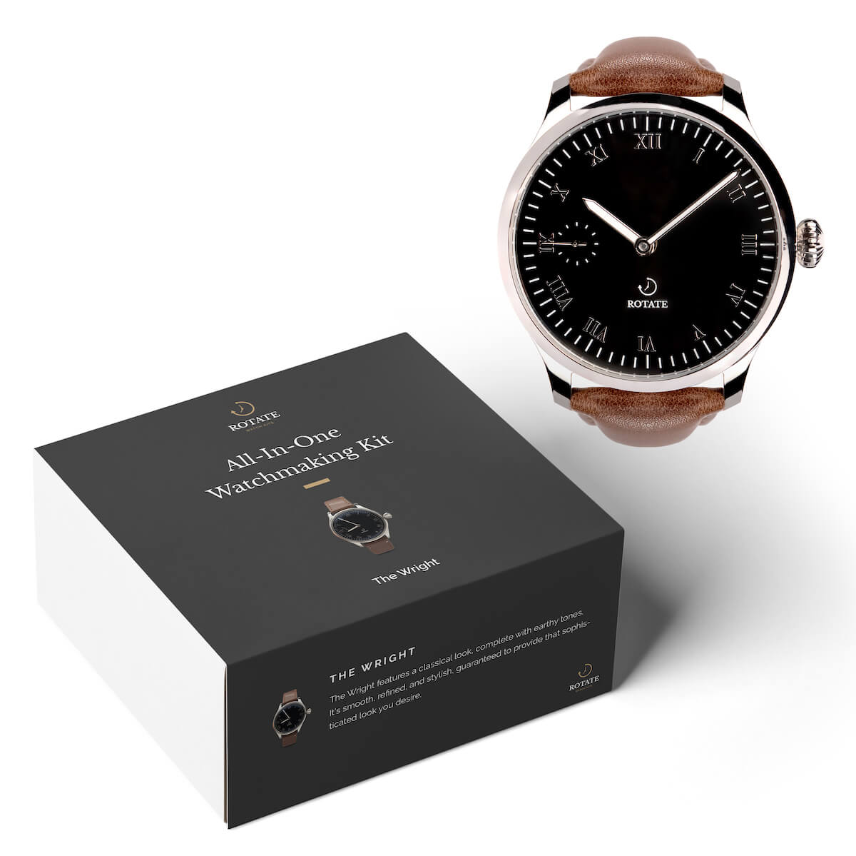 Wright watchmaking kit box with the finished watch