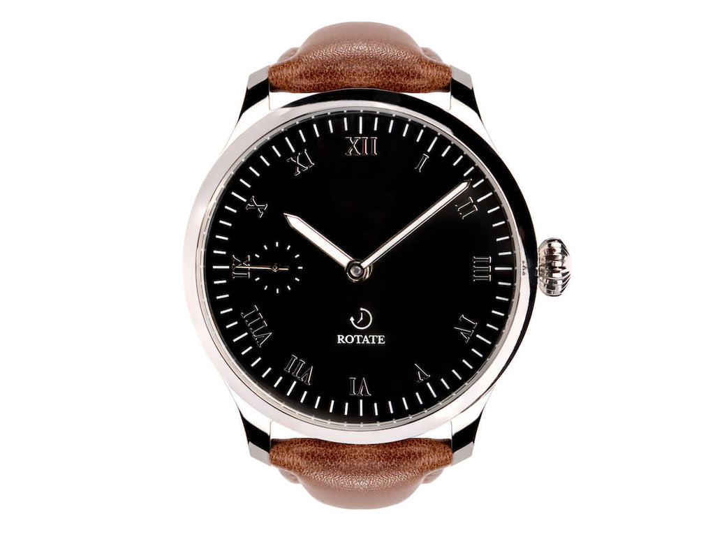 Wright mechanical watch front view — black dial with Roman numerals