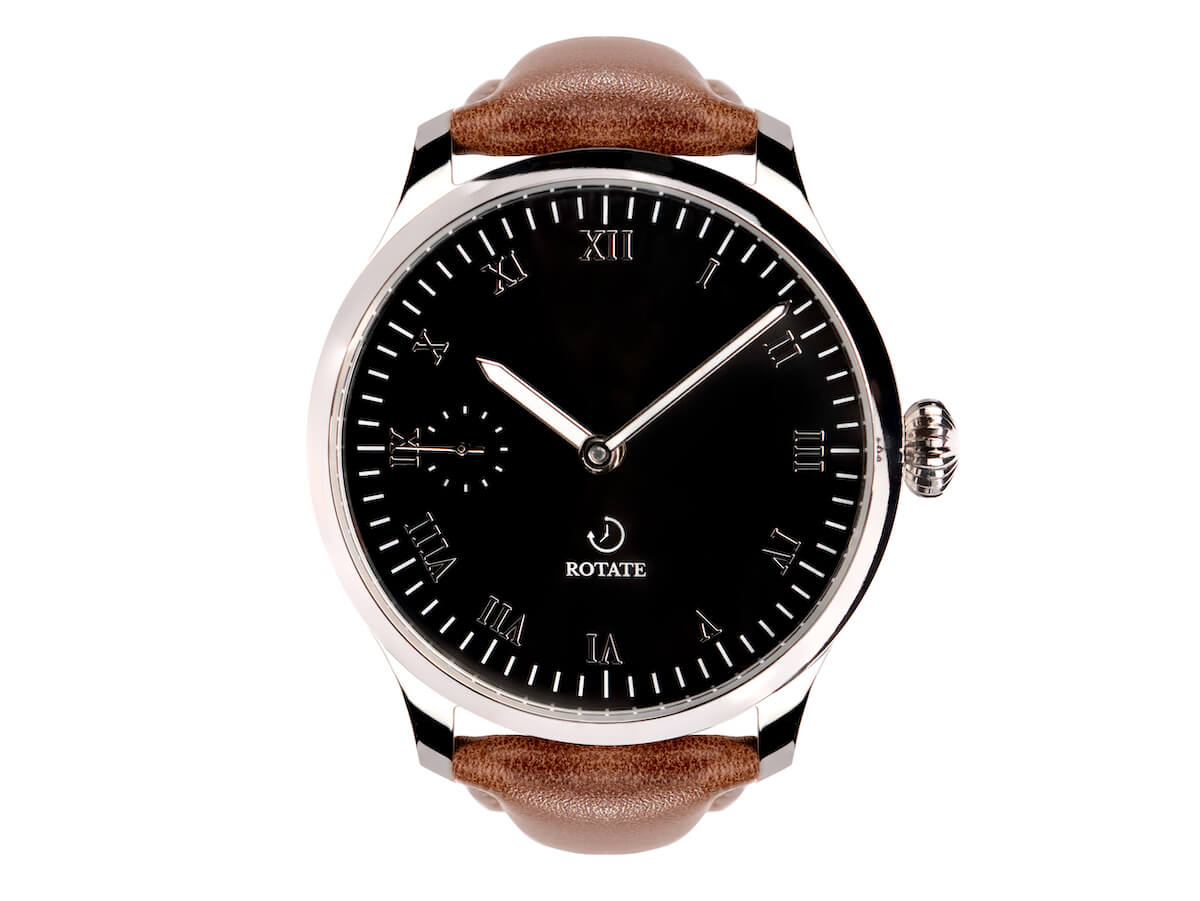 Wright mechanical watch front view — black dial with Roman numerals