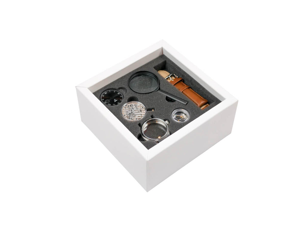 Inside the Wright watch kit — movement, case and parts tray