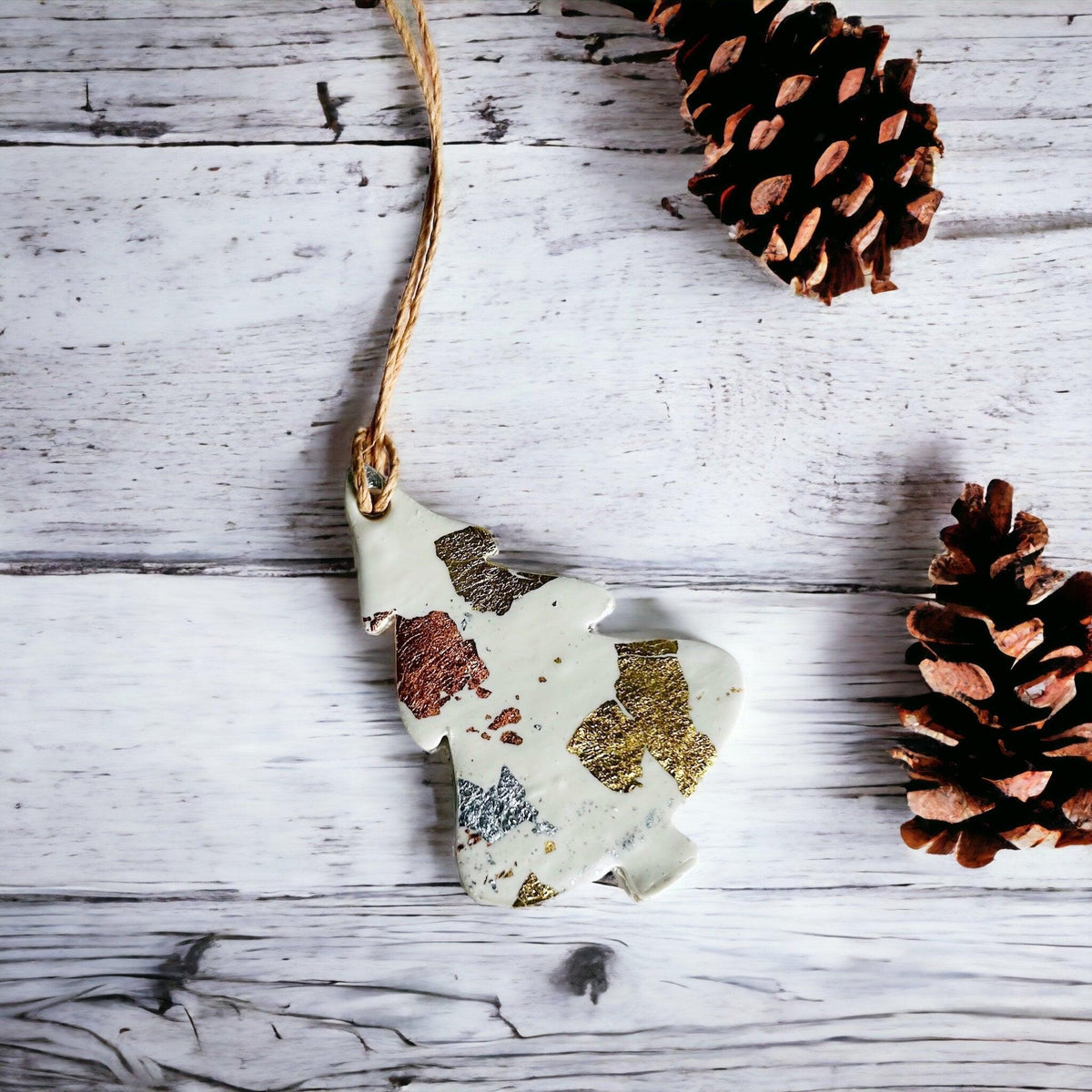White Christmas Ornament Gift Set of 3, Gold Silver Copper Foil Flakes