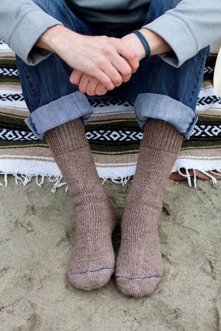 Person wearing cocoa brown alpaca socks with jeans rolled up