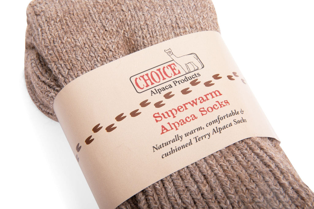 Cocoa brown Superwarm alpaca socks in packaging