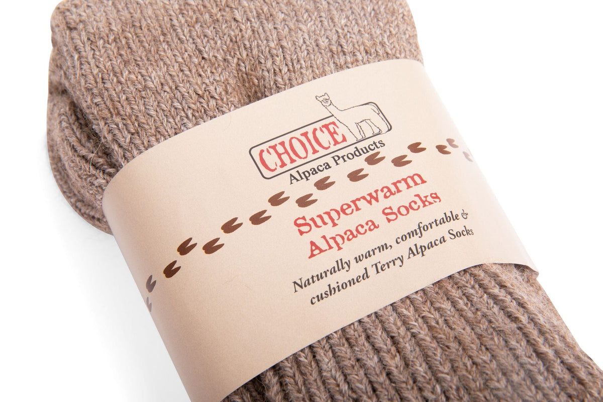 Cocoa brown Superwarm alpaca socks in packaging