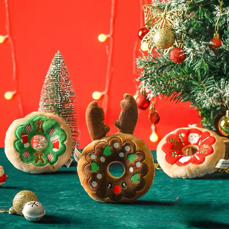 Holiday doughnut plush dog toy set included in the Holiday Pup Playtime Gift Bundle