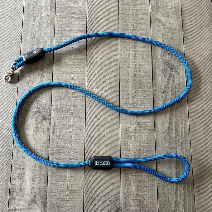 Blue climbing rope dog leash laid flat with handle loop